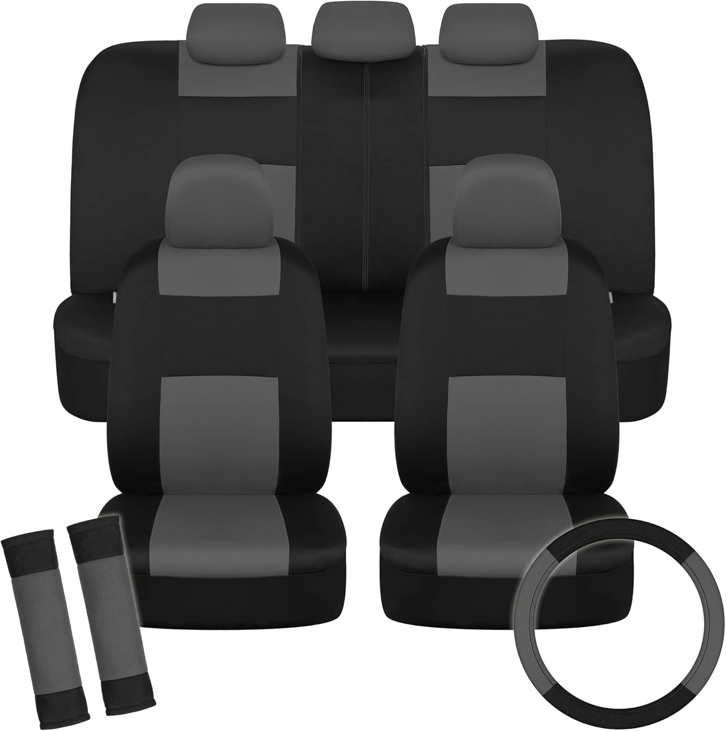BDK PolyPro Car Seat Covers Full Set in Charcoal on Black with Steering Wheel Cover & Seat Belt Pads – Front and Rear Split Bench Car Seat Cover, Easy to Install, Interior Covers for Auto Truck SUV