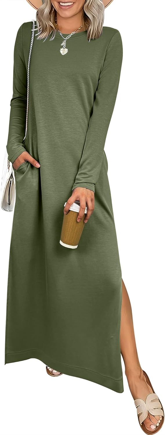 ANRABESS Women Long Sleeve Dresses 2025 Fall Casual Crewneck Loose Fit Split Flowy Wrinkle-Free Travel Vacation Maxi Dress