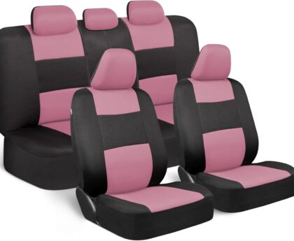 BDK PolyPro Car Seat Covers Full Set in Pink on Black, Front and Rear Split Bench Seat Covers for Cars, Easy to Install Car Seats Cover Set and Accessories for Auto Trucks Van SUV – Pink