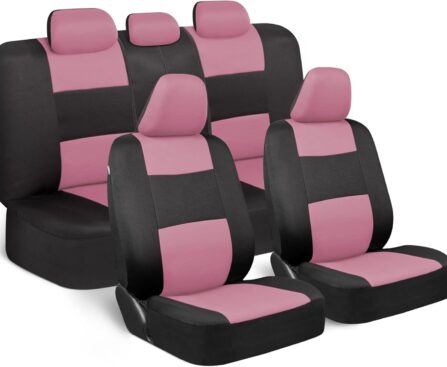 BDK PolyPro Car Seat Covers Full Set in Pink on Black, Front and Rear Split Bench Seat Covers for Cars, Easy to Install Car Seats Cover Set and Accessories for Auto Trucks Van SUV – Pink
