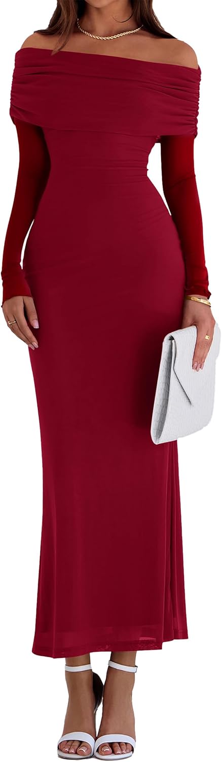 PRETTYGARDEN Fall Dresses for Women 2025 Elegant Off The Shoulder Long Sleeve Formal Wedding Guest Bodycon Maxi Dress