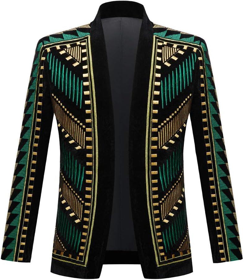 Mens Stylish Court Prince Black Velvet Gold Embroidery Blazer Suit Jacket