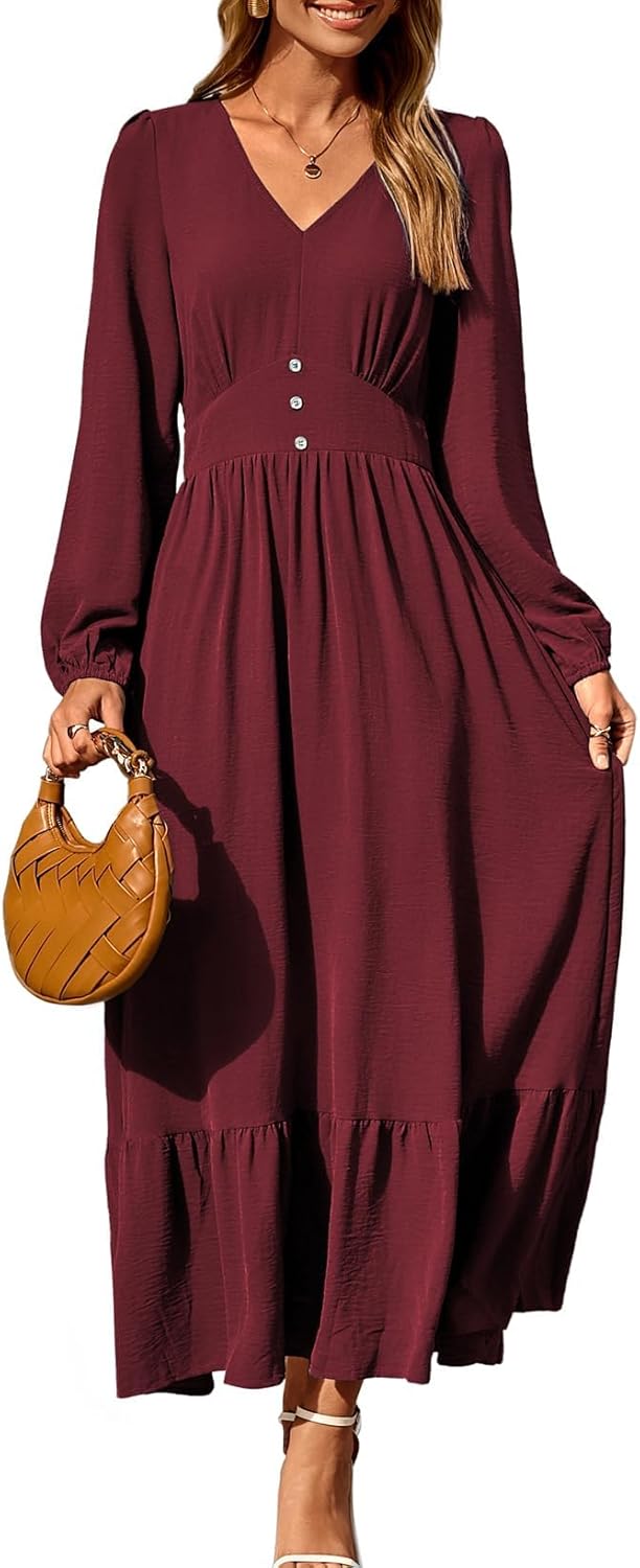 Dokotoo Womens Dresses Fashion 2025 Long Sleeve V Neck Maxi Dresses Elegant Casual Flowy Tiered Boho Beach Vacation Outifits