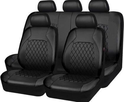 Universal Deluxe Pu Luxury Vinyl Faux Leather Car Seat Covers Full Set, Airbag Compatible, Breathable, Fit for Cars, Trucks, SUV (All Black)