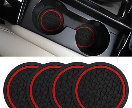 Mandark 4PCS Car Cup Holder Coasters, 2.75 Inch Non-Slip Insert Water Bottle Holder Pads, Dustproof Automotive Interior Accessories Mat, Universal for Vehicles, Trucks, RVs and More（Black/Red）