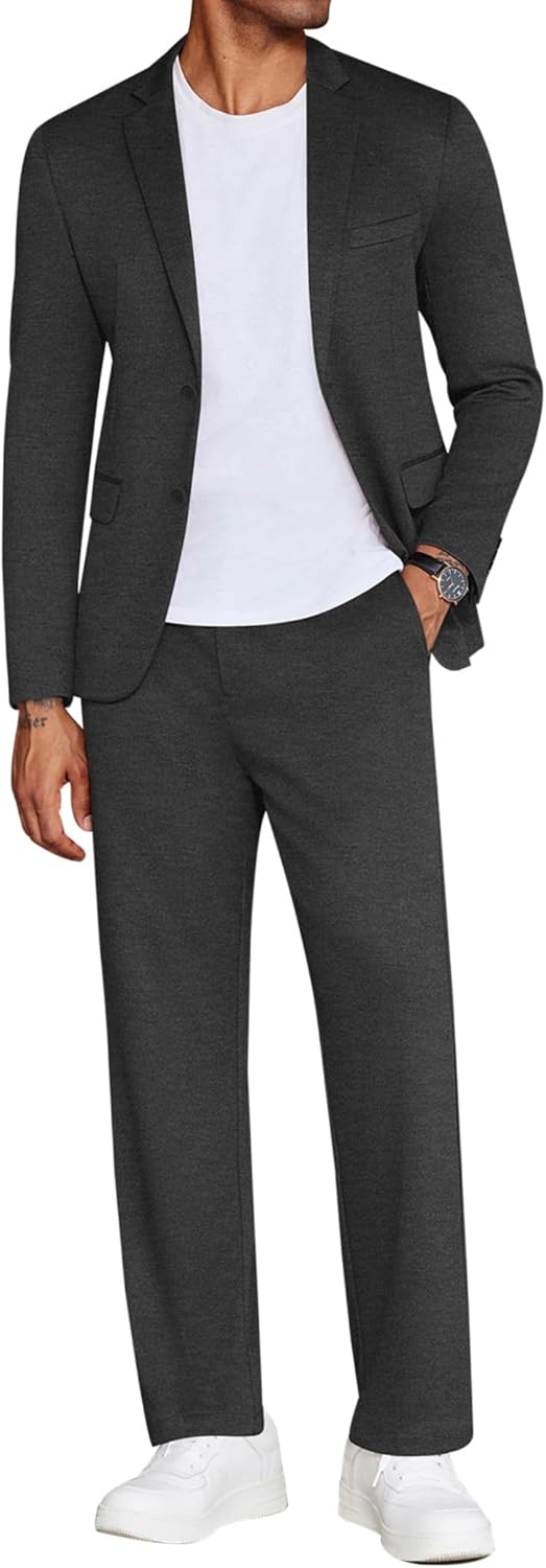 COOFANDY Men’s Suits 2 Piece Slim Fit Suit Set 2 Button Lightweight Casual Knit Blazer Suit Jacket Pants