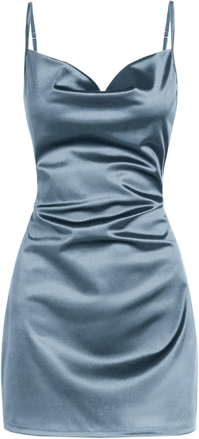 ZAFUL Women’s Satin Sleeveless Spaghetti Strap Mini Dress Sexy Slip Cowl Neck Silky Cocktail Party Dresses