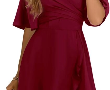 Dokotoo Women’s Wrap V Neck Short Flared Sleeve Wedding Guest Dress Smocked Elastic Waist Tiered Belted Ruffle Hem Mini Dress