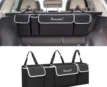 Car Trunk Organizer and Storage, Backseat Hanging Organizer for SUV, Truck, MPV, Waterproof, Collapsible Cargo Storage Bag with 4 Pockets, Car Interior Accessories (Black)