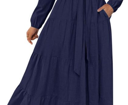 PRETTYGARDEN Fall Dresses for Women 2025 Long Sleeve V Neck Belted Ruffle A Line Flowy Boho Maxi Wedding Guest Dress Pockets