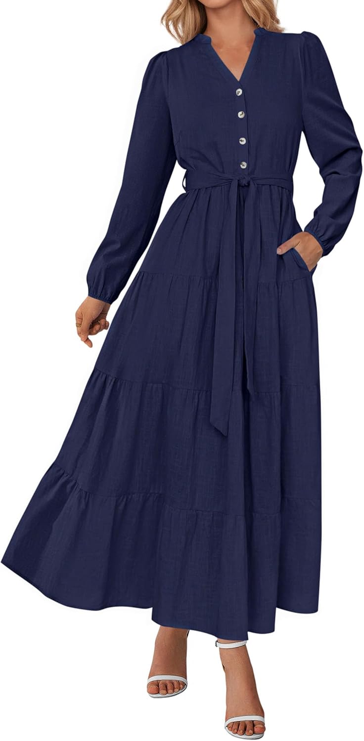 PRETTYGARDEN Fall Dresses for Women 2025 Long Sleeve V Neck Belted Ruffle A Line Flowy Boho Maxi Wedding Guest Dress Pockets