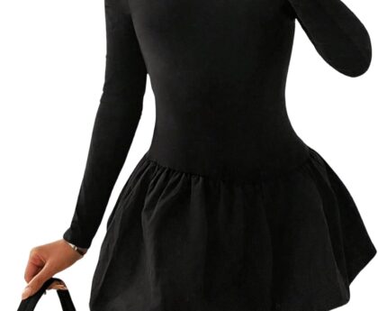 MakeMeChic Women’s Mock Neck Ruffle Flared Hem Long Sleeve Slim Fit A Line Short Dress