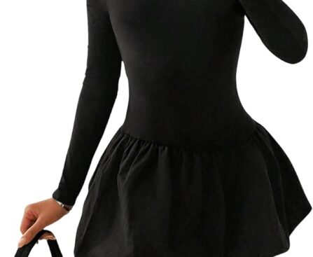 MakeMeChic Women’s Mock Neck Ruffle Flared Hem Long Sleeve Slim Fit A Line Short Dress