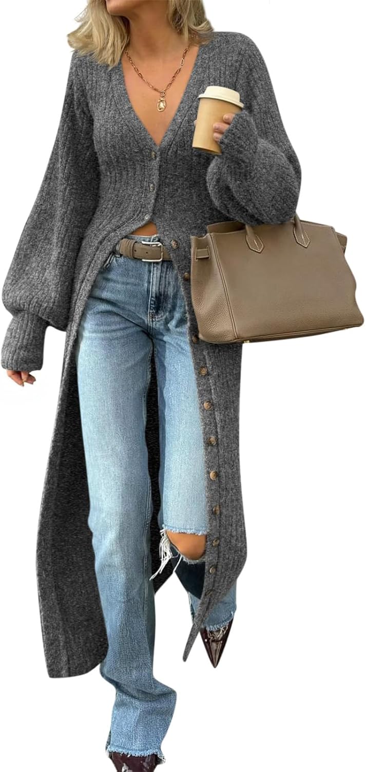 Saodimallsu Womens Long Cardigans V Neck Button Down Chunky Knit Dusters Sweater Coat Fall Trendy Maxi Sweater Dress