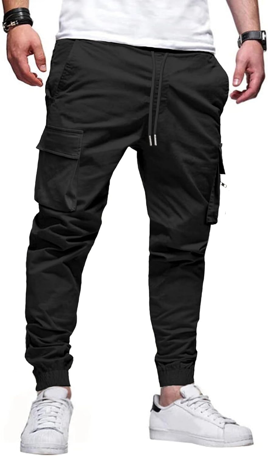 Mens Cargo Jogger Pants Elastic Waist Drawstring Slim Fit with Zipper Pockets Cotton Pants for Men