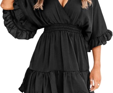 Aoysky Womens V Neck Casual Dresses Summer Loose High Waist Ruffle Pleated Cute Mini Short Dress