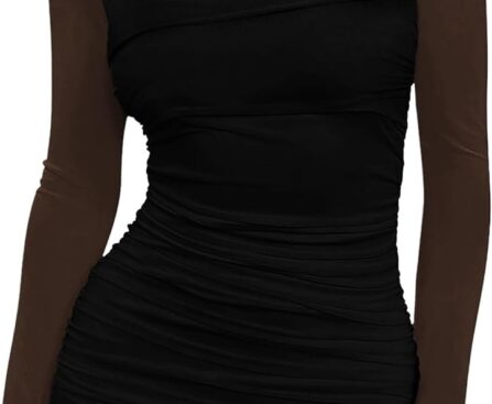 WIHOLL Women’s Mesh Sheer Long Sleeve Ruched Mini Dress Sexy Bodycon Mock Neck Cocktail Party Club Dresses 2025