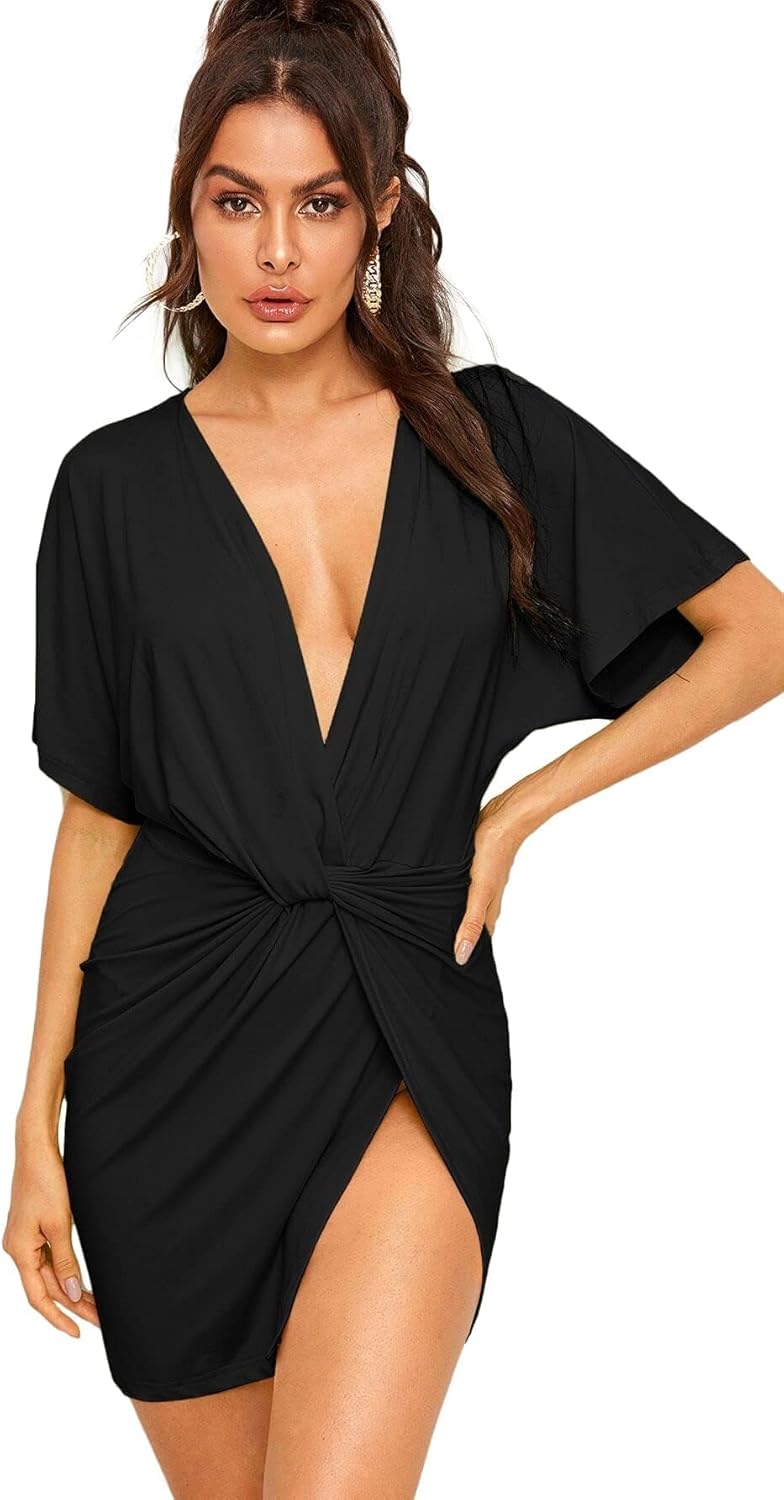 Floerns Women’s Deep V Neck Twisted Plunging High Slit Mini Party Dress