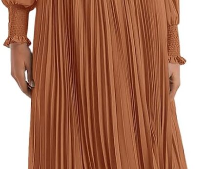 PRETTYGARDEN Womens Wrap V Neck Fall Dresses Wedding Guest Casual Pleated Long Sleeve Midi Dress Ruffle Smocked Long Dress