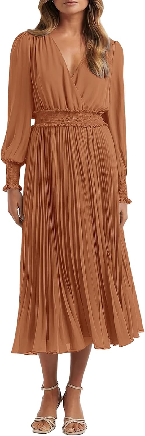PRETTYGARDEN Womens Wrap V Neck Fall Dresses Wedding Guest Casual Pleated Long Sleeve Midi Dress Ruffle Smocked Long Dress