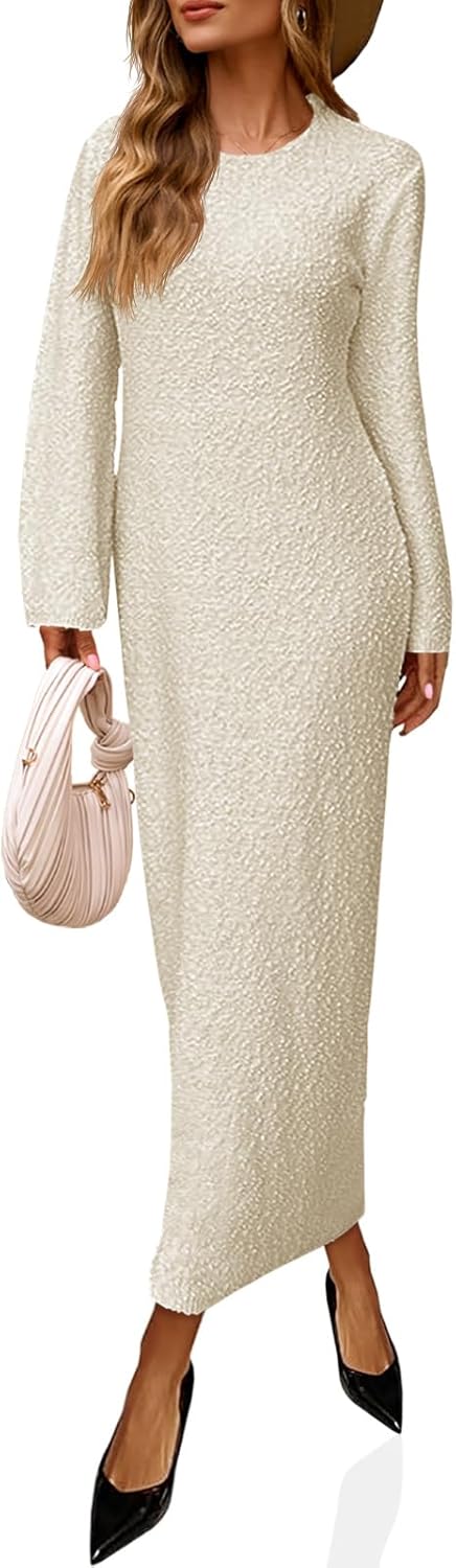 Saodimallsu Womens Long Sleeve Midi Sweater Dress Crew Neck Swiss Dot Soft Knit Casual Fall Trendy Maxi Dresses