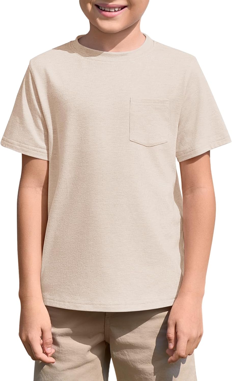 Haloumoning Boys T Shirts Kids Short Sleeve Pocket Shirt Crewneck Summer Basic Tee Tops 5-14 Years