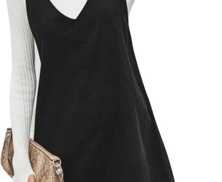 Koinshha Women V Neck Corduroy Overall Dress Casual Loose Short Pinafore Dresses Cute Mini Jumper Dress