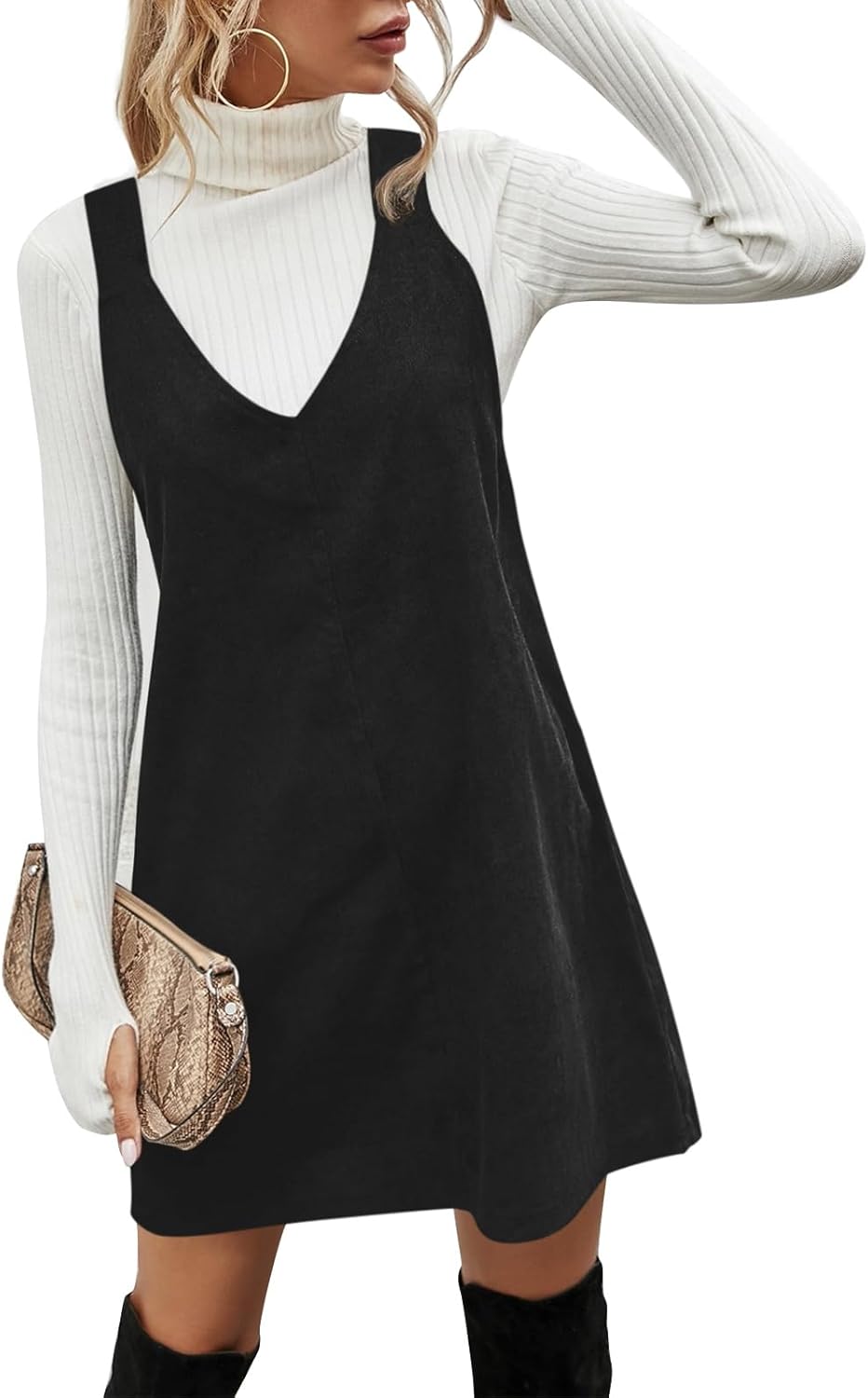 Koinshha Women V Neck Corduroy Overall Dress Casual Loose Short Pinafore Dresses Cute Mini Jumper Dress