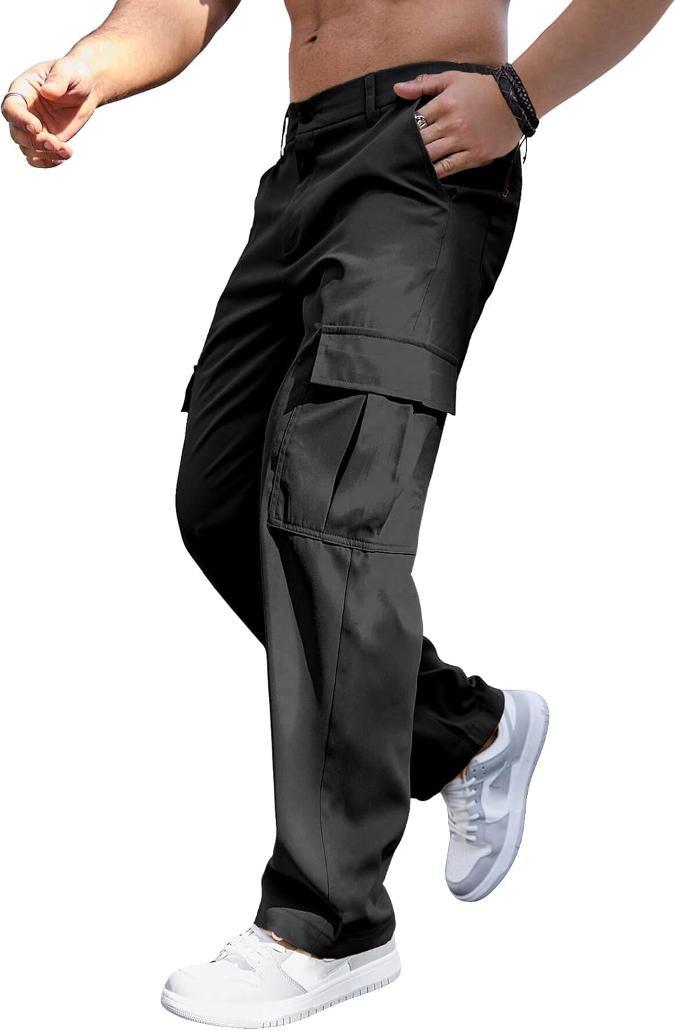 Comdecevis Mens Casual Cargo Pants Baggy Straight Leg Sweatpants with Large Flap Pockets Hiking Sports Trousers