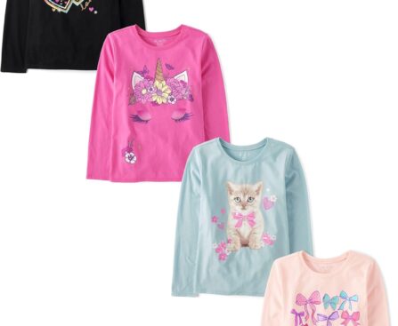 The Children’s Place Girls’ Unicorns,Sports,Butterflies Long Sleeve Graphic T-Shirts,4 Pack
