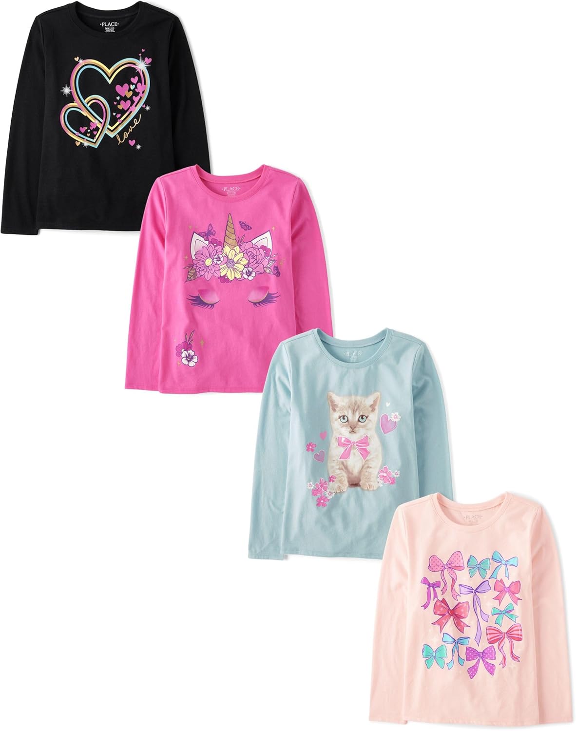 The Children’s Place Girls’ Unicorns,Sports,Butterflies Long Sleeve Graphic T-Shirts,4 Pack