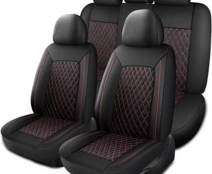 Leather Car Seat Covers,Breathable and Waterproof Seat Cover Full Set,PU Premium Universal Fit Automotive Airbag Compatible for Cars Sedans SUVs Vans and Trucks(Full Seat,Black+Redline,N1)
