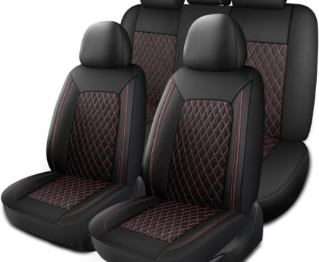 Leather Car Seat Covers,Breathable and Waterproof Seat Cover Full Set,PU Premium Universal Fit Automotive Airbag Compatible for Cars Sedans SUVs Vans and Trucks(Full Seat,Black+Redline,N1)