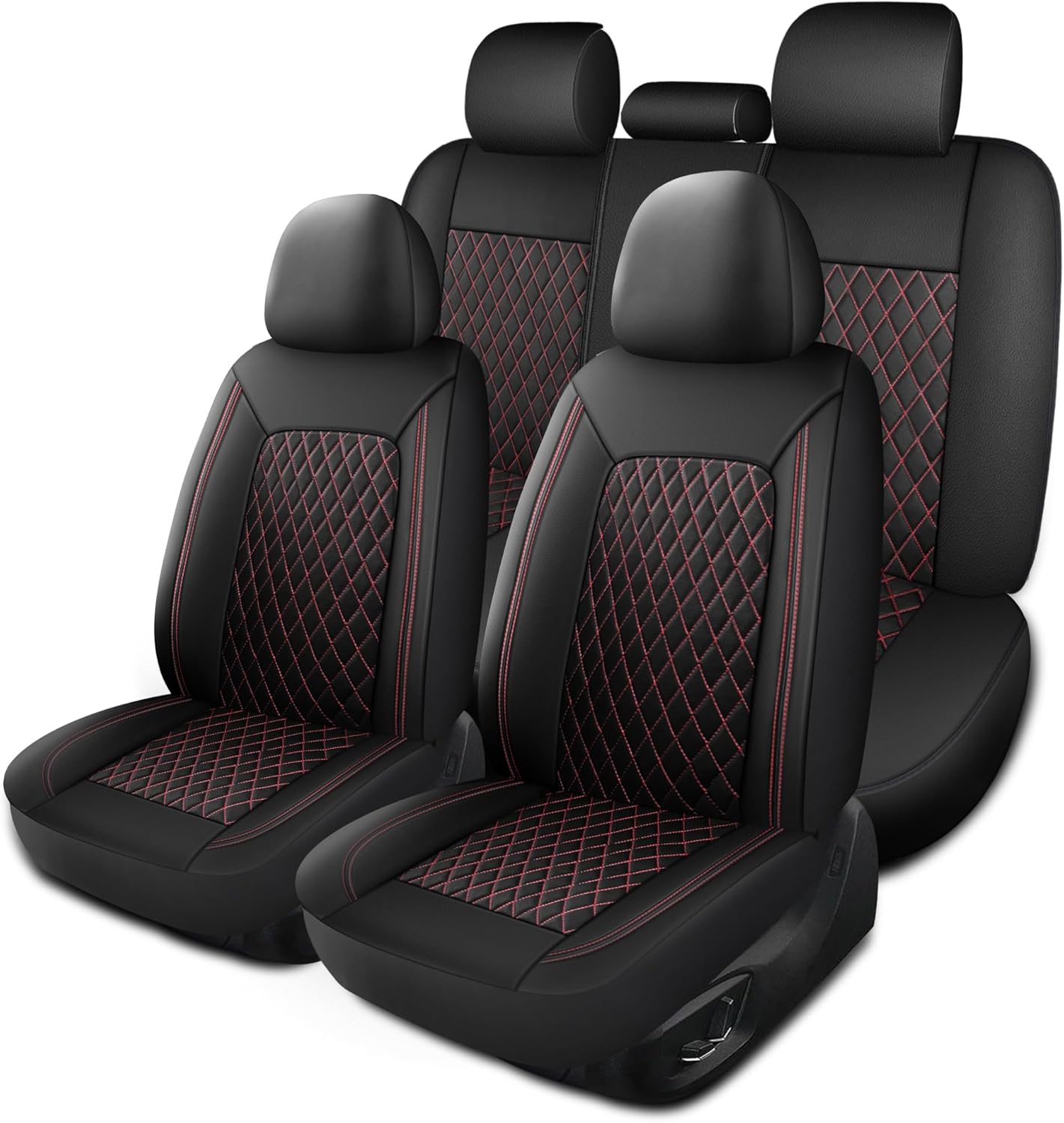 Leather Car Seat Covers,Breathable and Waterproof Seat Cover Full Set,PU Premium Universal Fit Automotive Airbag Compatible for Cars Sedans SUVs Vans and Trucks(Full Seat,Black+Redline,N1)
