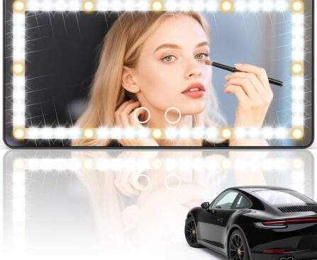 SINGARO Car Sun Visor Vanity Mirror – Rechargeable Makeup Mirror with 60 LEDs, 3 Light Modes & Dimmable Touch Control for Cars, Trucks, SUVs, Car Interior Accessories for Women (Black)