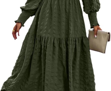 PRETTYGARDEN Women 2025 Spring Puff Long Sleeve Crewneck Smocked Maxi Dress Empire Waist Tiered A-line Swing Flowy Long Dress
