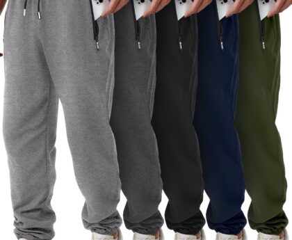 Mens Sweatpants with Zipper Pockets 5 Pack Athletic Joggers for Men Warm Slim Fit Track Workout Running Sweat Pants