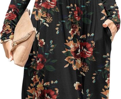 DB MOON Women Casual Long Sleeve Dresses Empire Waist Knee Length Loose Dress with Pockets