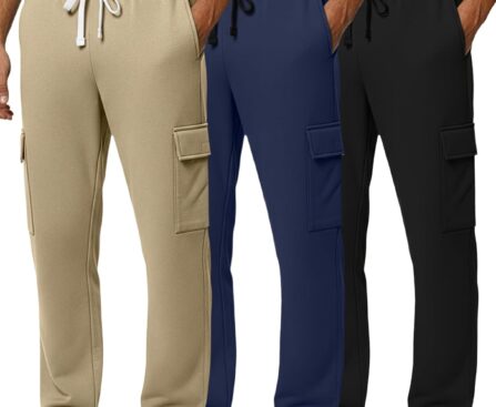 Real Essentials 3 Pack: Men’s Tech Fleece Open Bottom Cargo Sweatpants with Pockets (Available in Big & Tall)