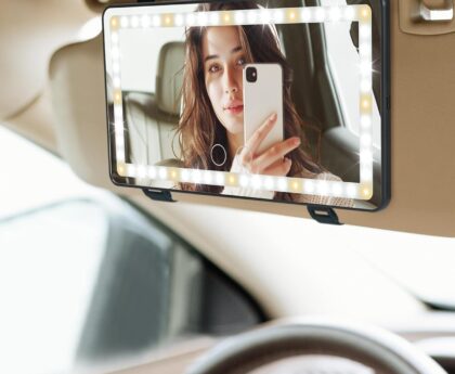 JOYTUTUS Car Sun Visor Vanity Mirror with Lights, 3 Light Modes & 60 LEDs, Rechargeable Dimmable Touch Control Travel Makeup Mirror for Truck SUV