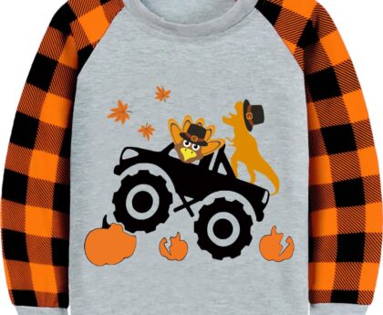Toddler Boy Thanksgiving Shirt Pumpkin Monster Truck Dino Turkey Orange Plaid Long Sleeve Tshirt Tops 2-7 Years