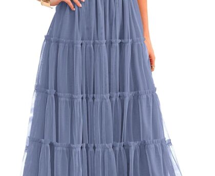 PRETTYGARDEN Women’s Smocked Midi Tulle Dress 2025 Summer Puffy Short Sleeve Square Neck Ruffle Wedding Guest Party Dresses