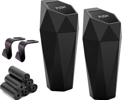 Ginsco Car Trash Can Cup Holder, 2 Pack Mini Trash Can with Lid, Car Accessories for Interior, Leakproof Small Trash Cup for Home with Additional 2 ABS Hooks and 90pcs Trash Bags Black