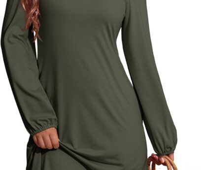 Dokotoo Fall Dresses for Women 2025 Crew Neck Long Sleeve A Line Shift Dress Solid Color Loose Fit Mini Dress