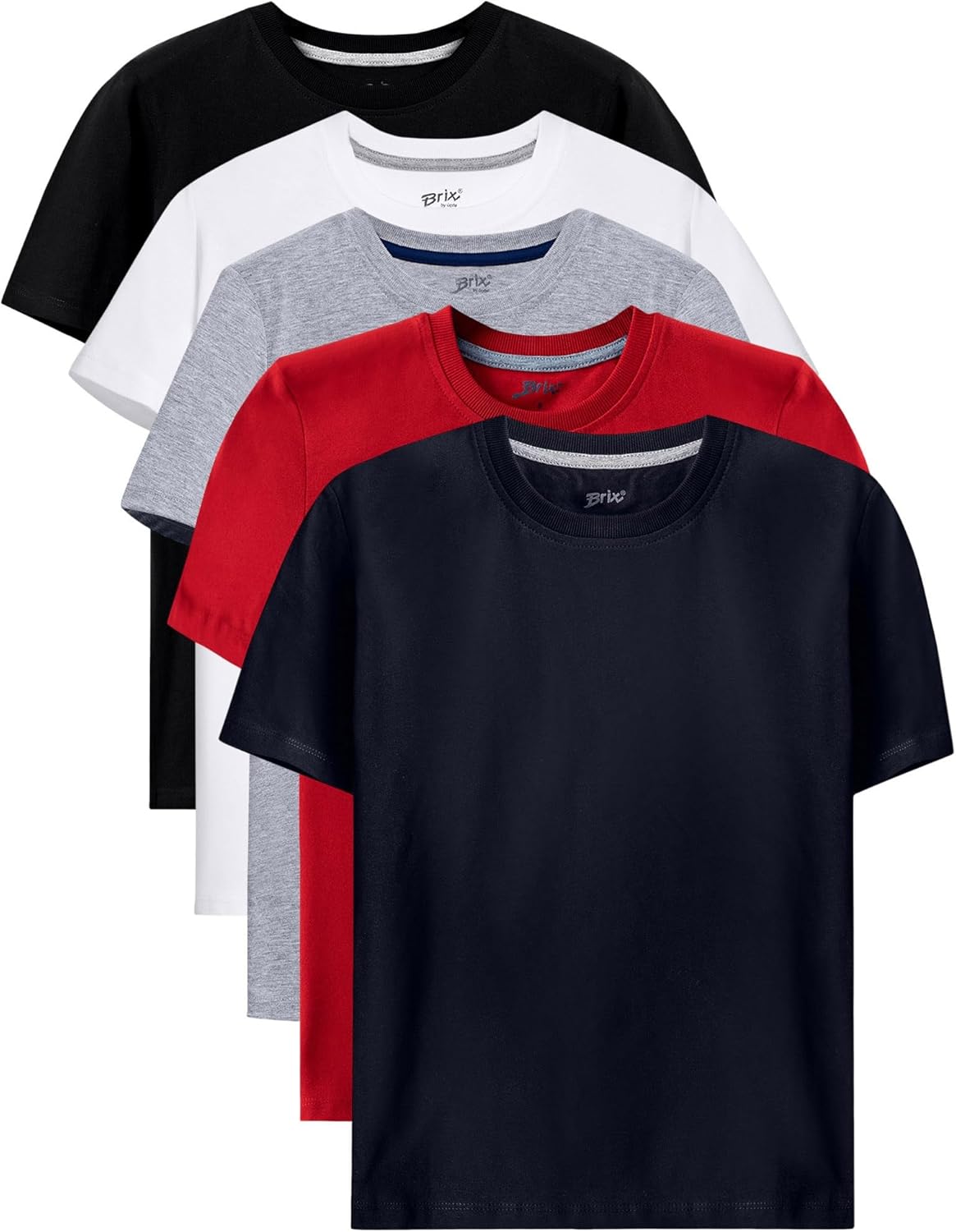 Brix Boys 5 Pack T-Shirts – Crewneck 100% Cotton Tagless Multipack Kids Short Sleeve Basic Comfort Tees.