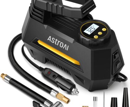 AstroAI Tire Inflator Portable Air Compressor Air Pump for Car Tires-Car Accessories, 9.8Ft Cord-12V DC-Powered Auto Pump with Digital Pressure Gauge, Emergency LED Light for Bicycle, Balloons, Yellow