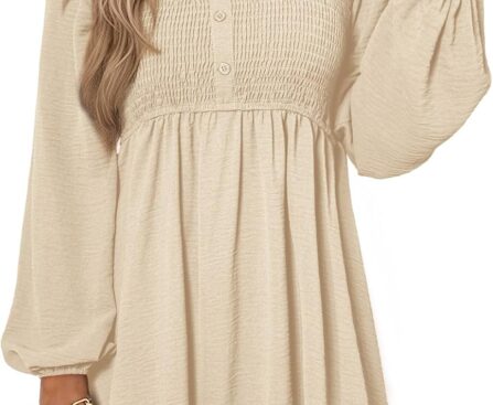 Dokotoo Womens 2025 Casual Dresses Smocked Crewneck Button Up Long Sleeve Empire Waist A-Line Mini Dress