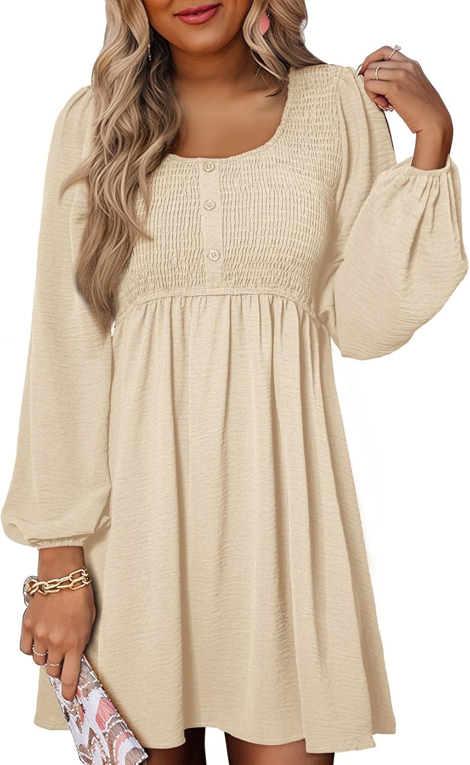 Dokotoo Womens 2025 Casual Dresses Smocked Crewneck Button Up Long Sleeve Empire Waist A-Line Mini Dress