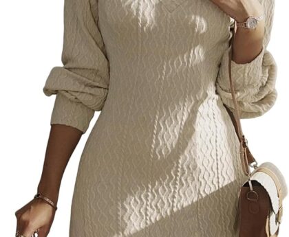 Dokotoo Fall Wedding Guest Dresses for Women 2025 Trendy V Neck Knit A Line Long Sleeve Dress Sweater Dress