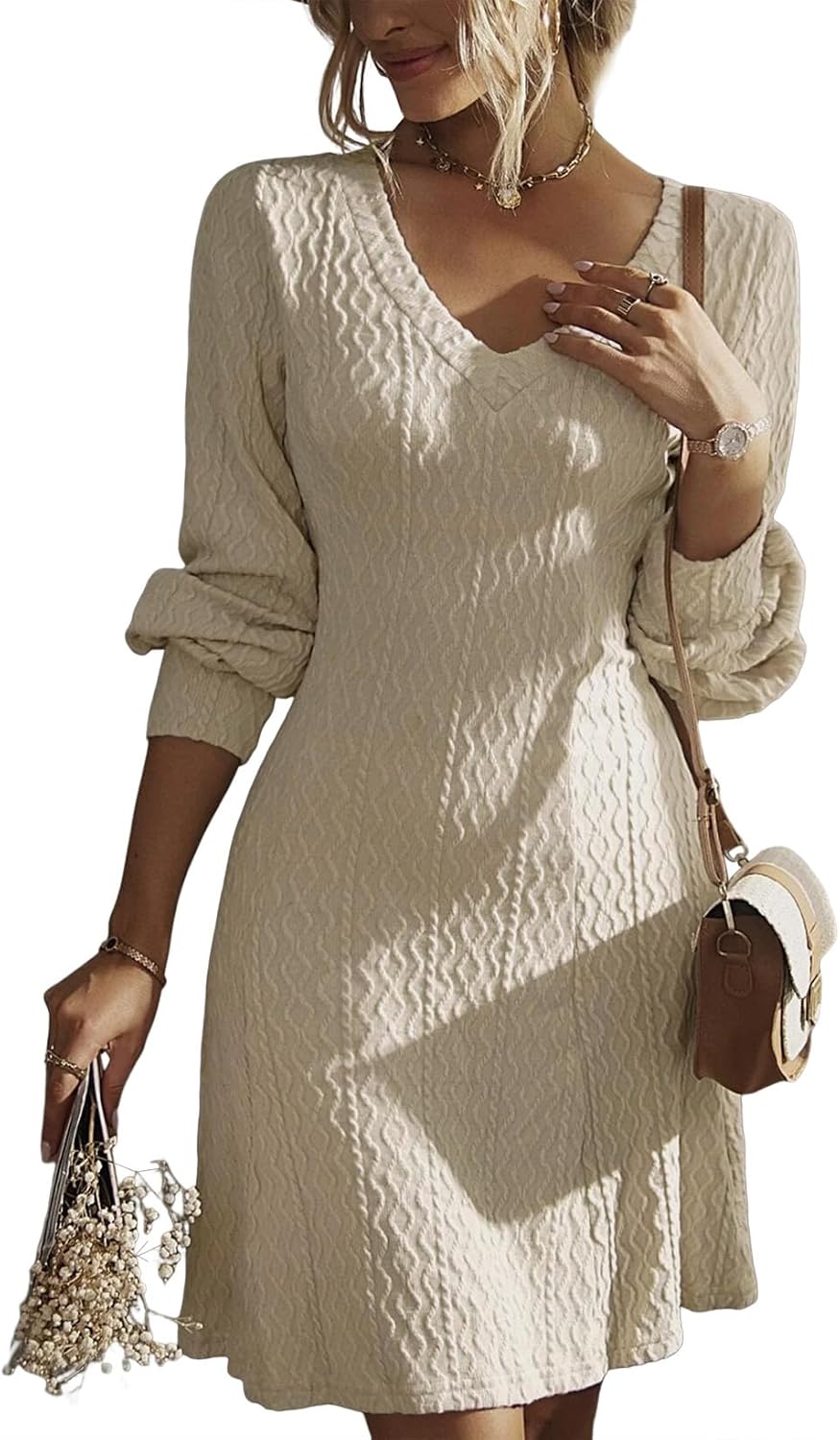 Dokotoo Fall Wedding Guest Dresses for Women 2025 Trendy V Neck Knit A Line Long Sleeve Dress Sweater Dress
